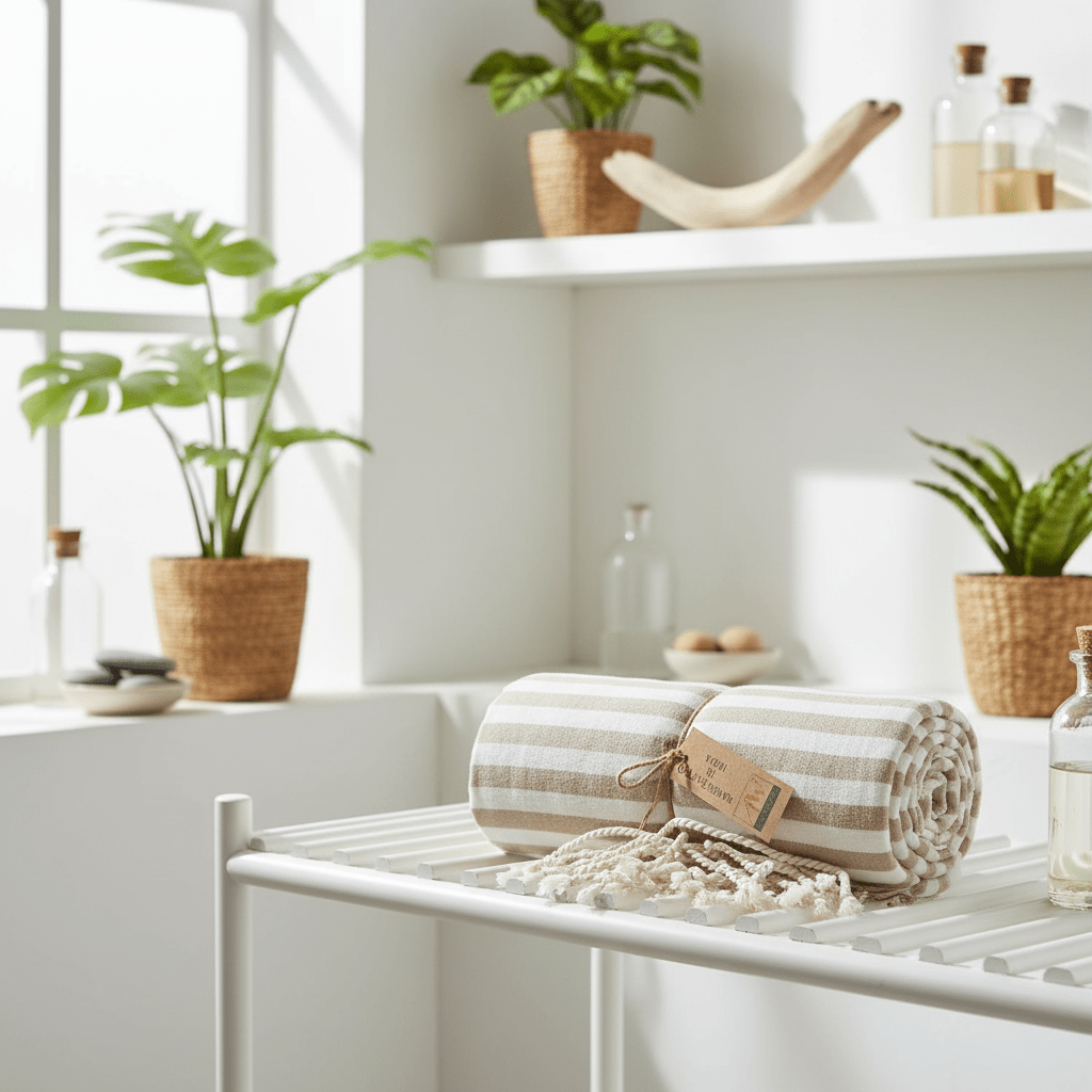 Striped towel on a white shelf with plants and decor in the background