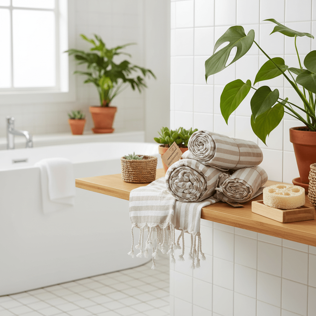 Bathroom with towels on a wooden shelf, plants, and a bathtub.