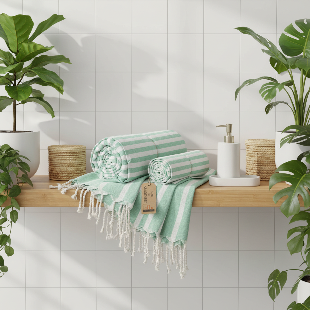 Green and white striped towels on a wooden shelf with plants and bathroom items in the background.