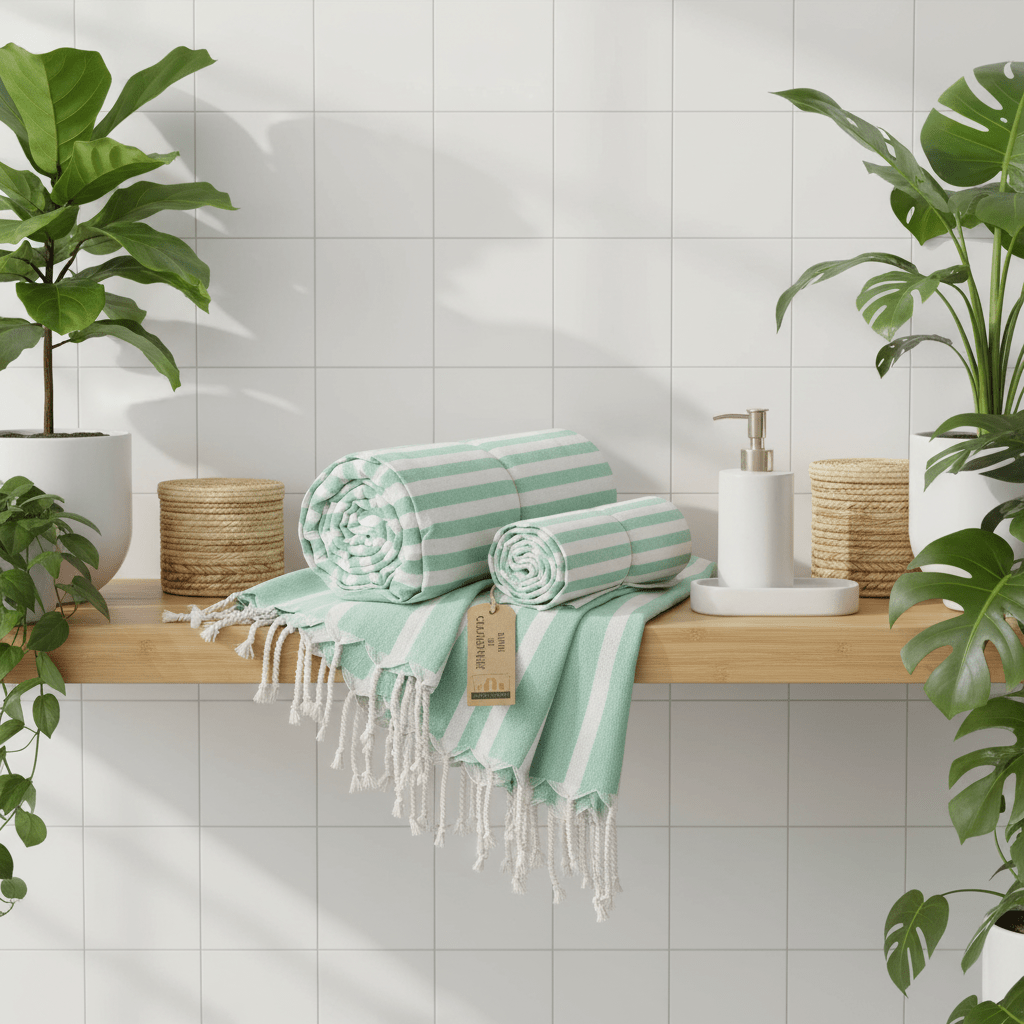 Green and white striped towels on a wooden shelf with plants and bathroom items in the background.