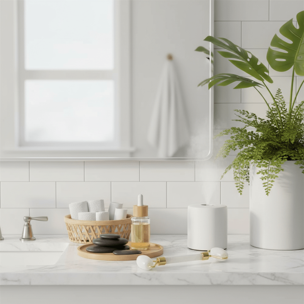 Gemstone face roller, in a modern white bathroom, with bamboo wood, eco-friendly decor, and exotic green plants, professional product photography