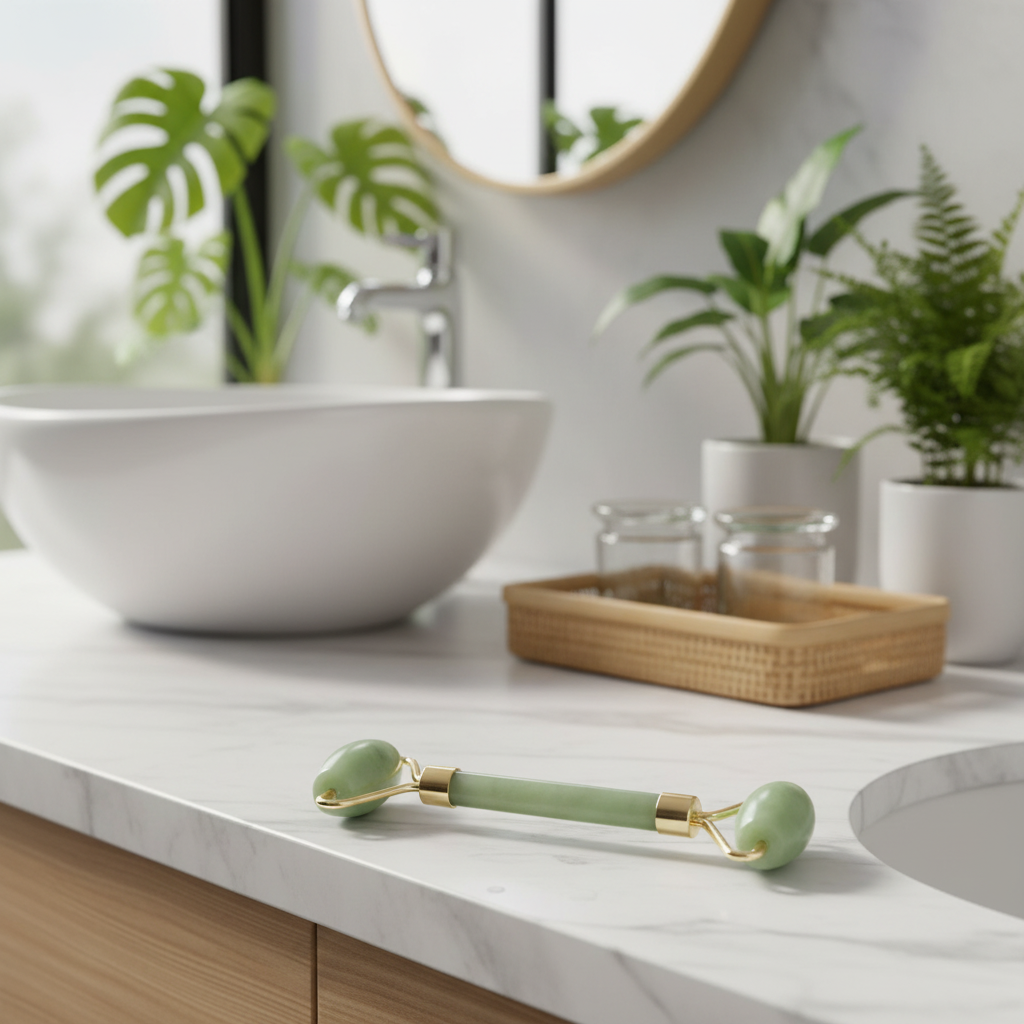 Gemstone face rollers, in a modern white bathroom, with bamboo wood, eco-friendly decor, and exotic green plants, professional product photography