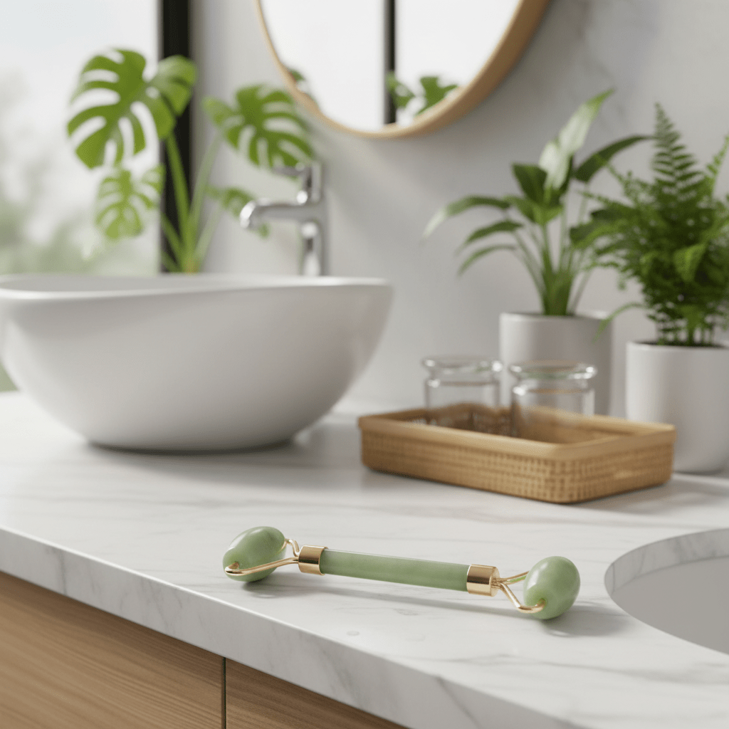 Gemstone face rollers, in a modern white bathroom, with bamboo wood, eco-friendly decor, and exotic green plants, professional product photography