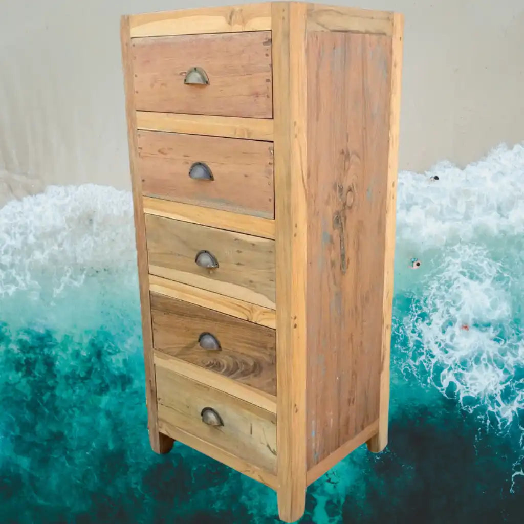 Ancient Wisdom Tall Wooden Chest of Drawers - Upcycled Wood from Retired Fishing Boats. Furniture > Cabinets & Storage > Storage & Organization > Household Storage Drawers > Tall Wooden Chest of Drawers > Drawers made from Upcycled Wood from Retired Fishing Boats. emmy-jane-boutique.myshopify.com