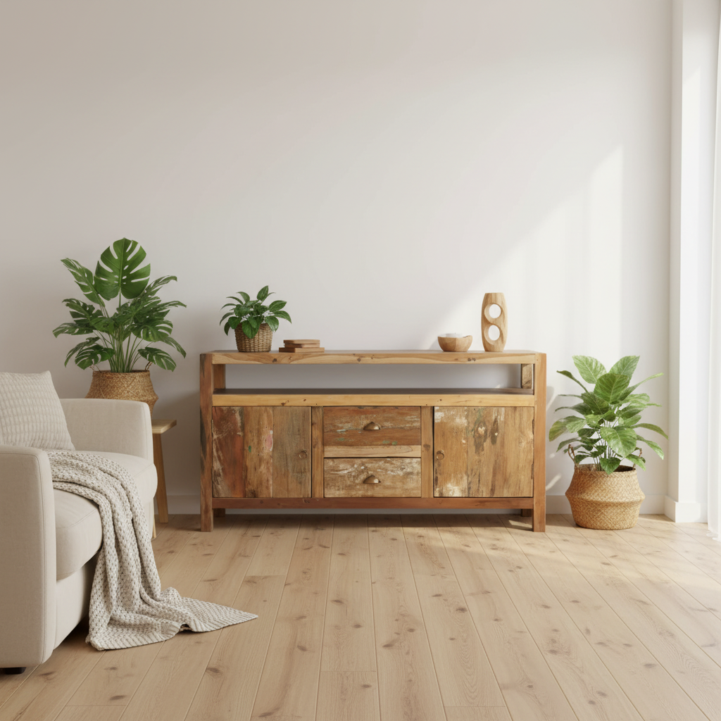 A rustic wooden sideboard or credenza with three drawers and two cabinet doors, styled in a bright, modern living room with light wood floors, potted plants, and a cream sofa.
