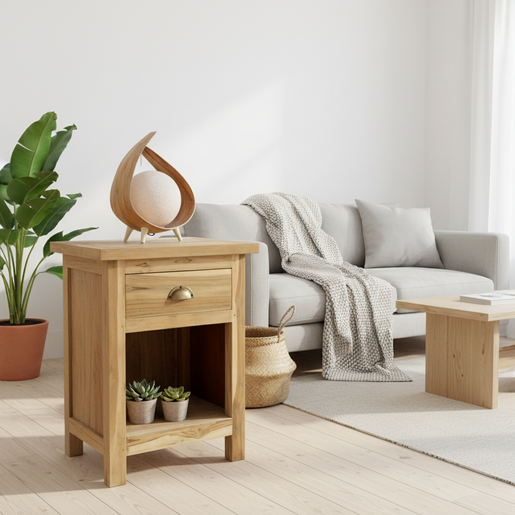 A light upcycled teak wood side table with a single drawer and open lower shelf, styled in a bright, modern living room next to a grey sofa and potted plant.