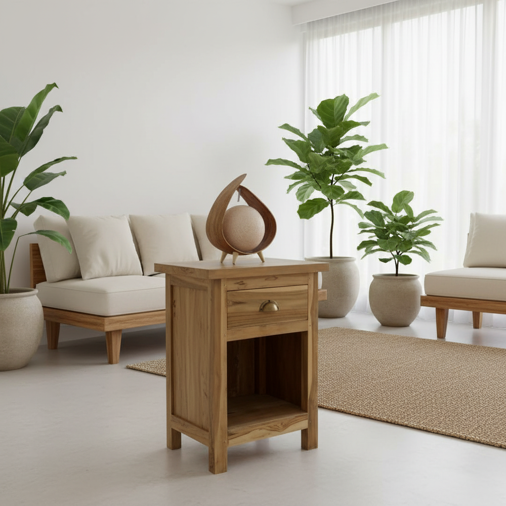 A light natural wood side table with one drawer and an open lower shelf, styled in a bright, modern living room with neutral-toned sofas, potted plants, and a woven rug.