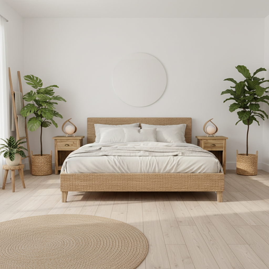 A minimalist bedroom featuring a light natural wood and woven rattan bed frame with white bedding, flanked by matching wooden nightstands, potted plants, and a round jute rug on light wood flooring.