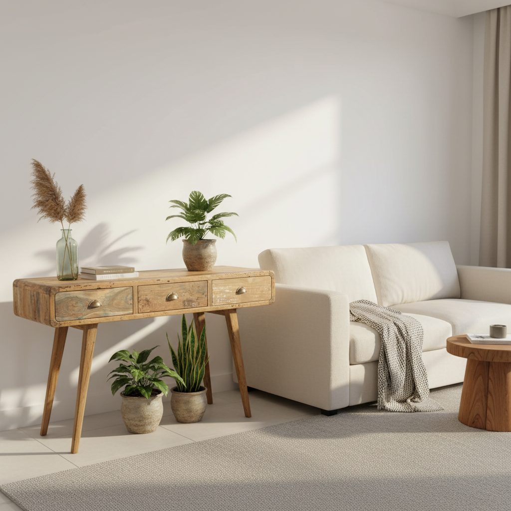 A rustic light brown wooden console table with three drawers and angled legs, styled in a bright, modern living room next to a cream sofa with potted plants and a vase.