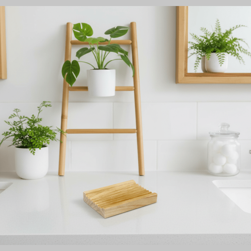 Modern bathroom with white countertops, a wooden ladder, and potted plants.