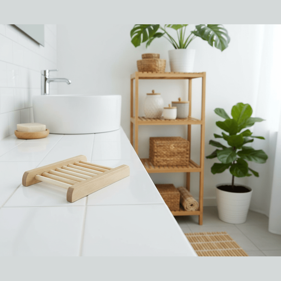 Bathroom with white tiles, a wooden shelf, and plants