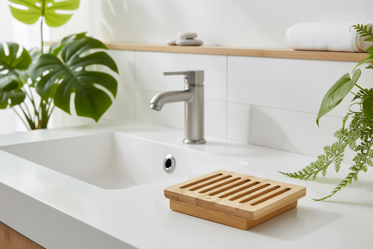 Bamboo soap drying rack on a bathroom sink with plants and a shelf in the background