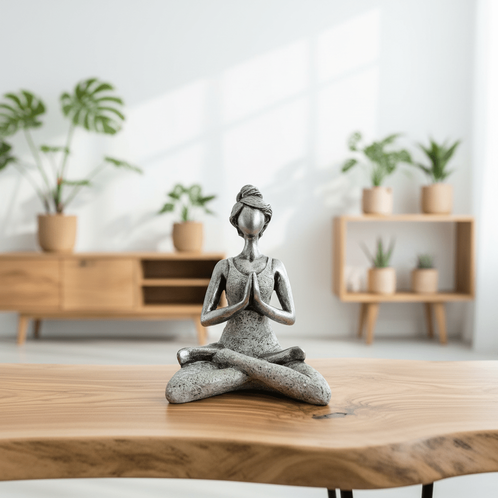 Decorative statue of a person in a meditative pose on a wooden surface with exotic plants and wooden furniture in the background.