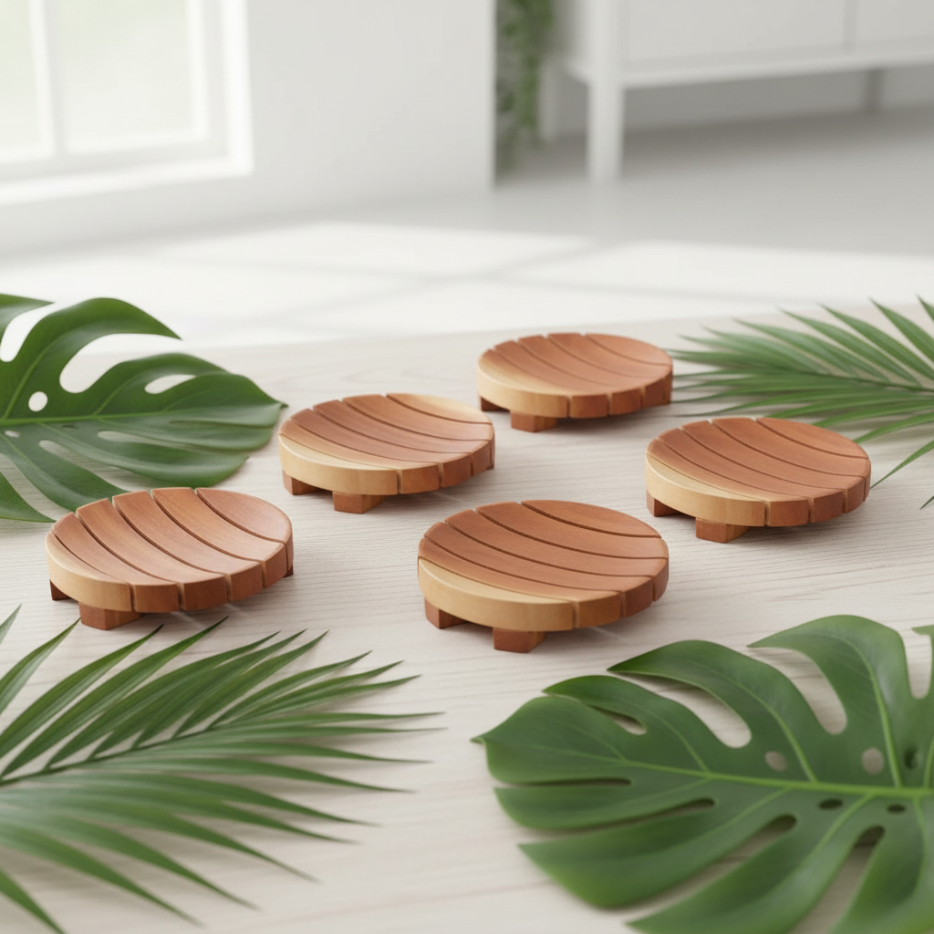 Wooden soap dishes on a light surface with green leaves around