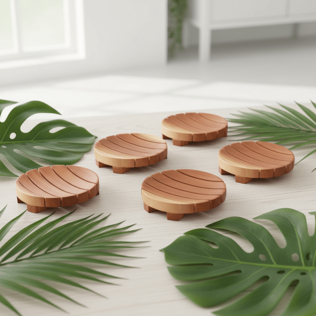 Wooden soap dishes on a light surface with green leaves around