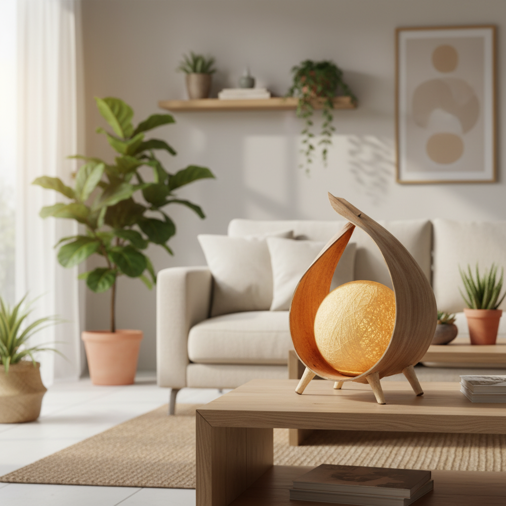 Wooden lamp on a coffee table in a living room with plants and a sofa.