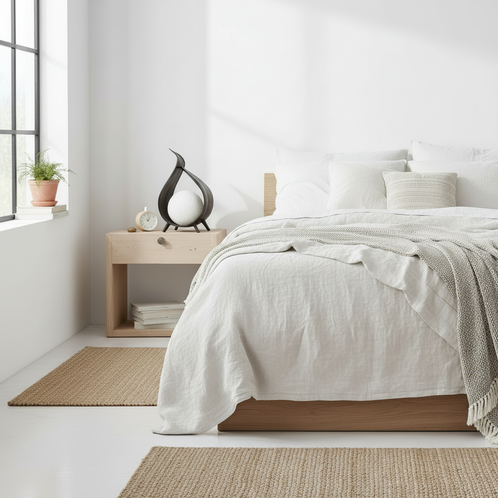 Modern bedroom with a bed, nightstand, and decorative items.