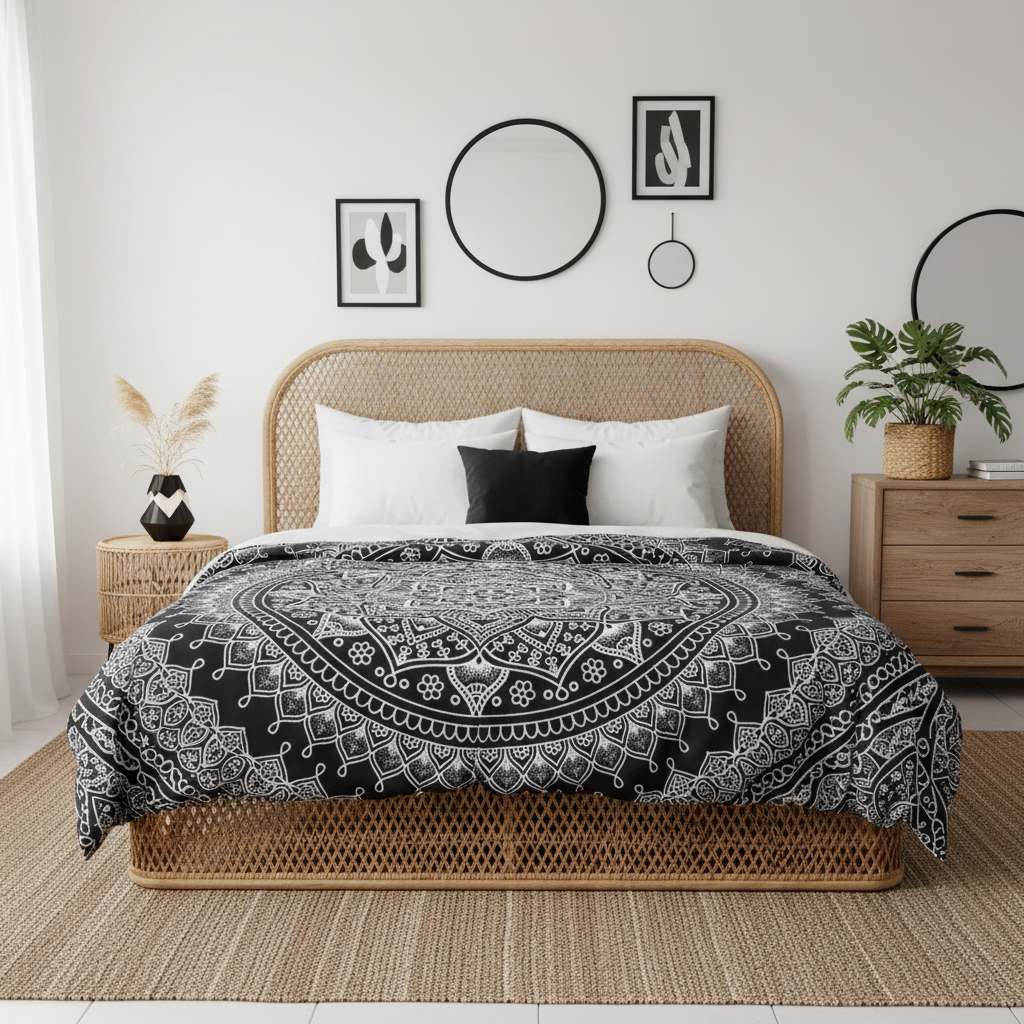A styled bedroom scene showing a bed with a black and white mandala-patterned comforter, set in a modern bohemian-style room with a rattan headboard, wooden furniture, and wall art.