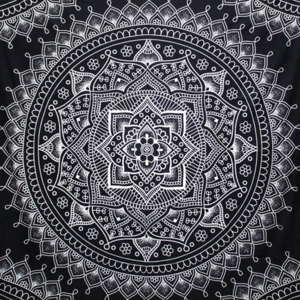 Ancient Wisdom Indian Cotton Bedspread Wall Hanging Double - Lotus Flower - Black & White Home & Garden > Linens & Bedding > Bedding > Cotton Bedspreads > Artisan Cotton Bedspread Wall Hanging > Mandala Black and White > Double Black and White Bedcover emmy-jane-boutique.myshopify.com