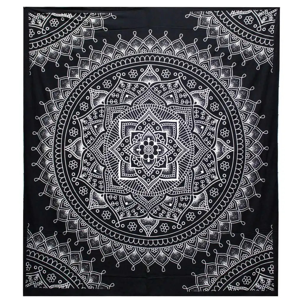 Ancient Wisdom Indian Cotton Bedspread Wall Hanging Double - Lotus Flower - Black & White Home & Garden > Linens & Bedding > Bedding > Cotton Bedspreads > Artisan Cotton Bedspread Wall Hanging > Mandala Black and White > Double Black and White Bedcover emmy-jane-boutique.myshopify.com