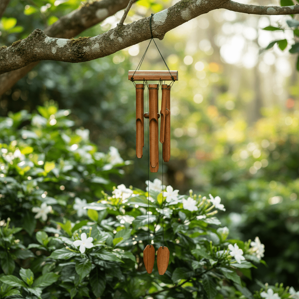 Wooden wind chime hanging from a tree branch with a blurred garden background