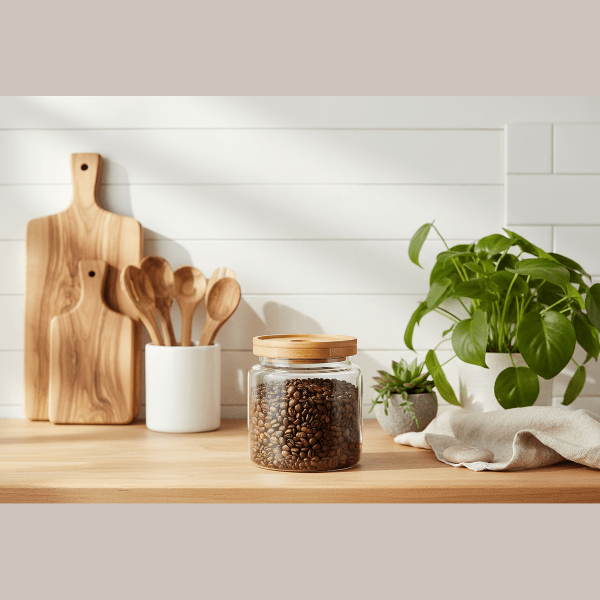 Kitchen counter with wooden cutting board, ceramic container with spoons, glass jar with coffee beans, and potted plants.