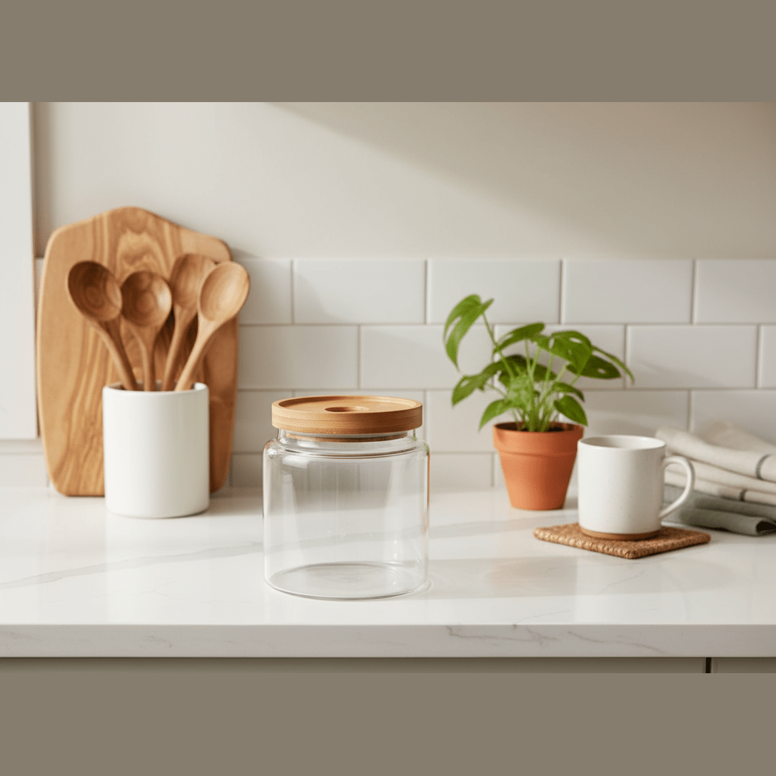 Kitchen counter with glass jar, wooden utensils, and plant on a white tiled wall background