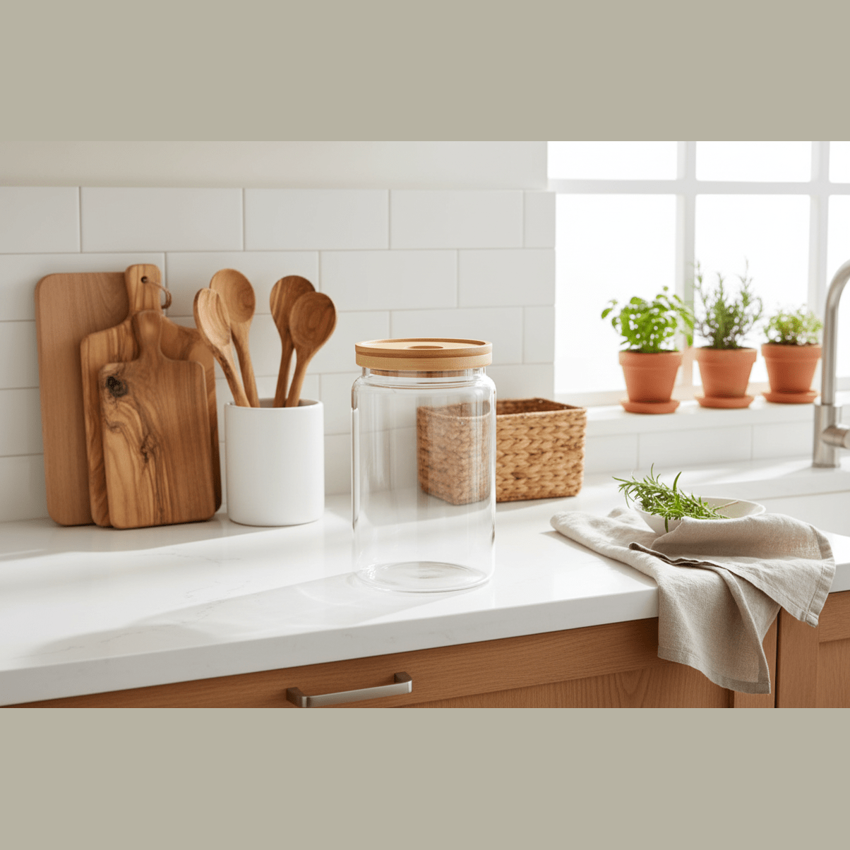 Kitchen counter with wooden cutting boards, utensils, and plants on a white tiled wall background