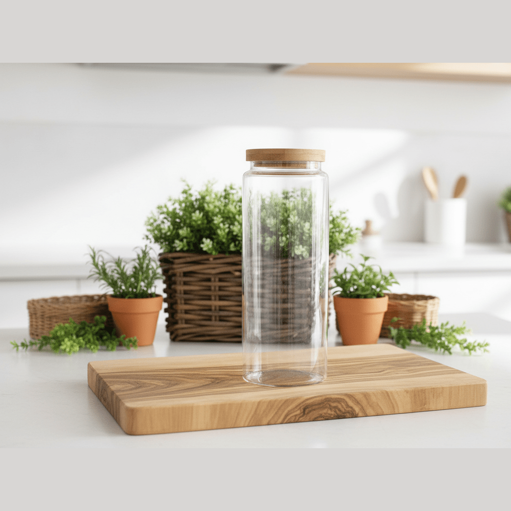 Clear glass jar with wooden lid on a wooden cutting board in a kitchen setting.