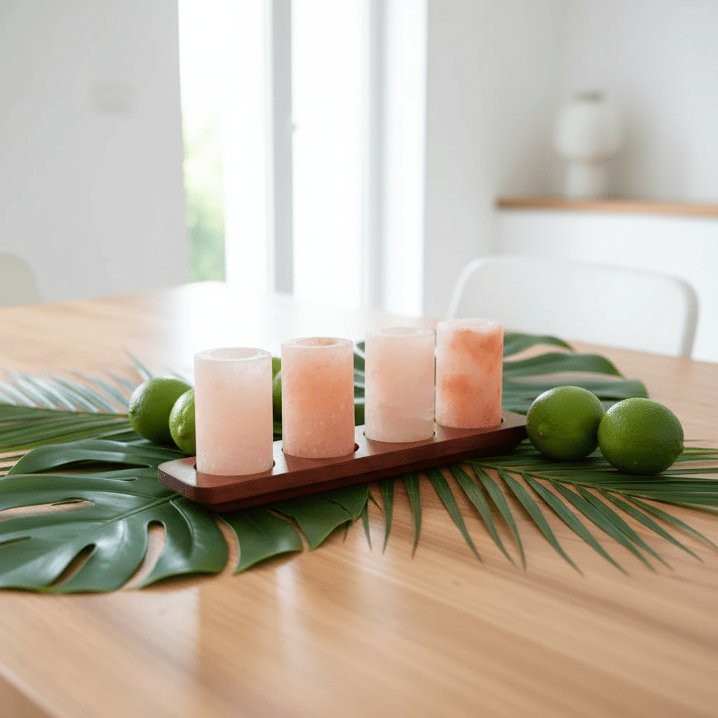Four salt rock tequila glasses on a wooden tray with green leaves and limes on a table.