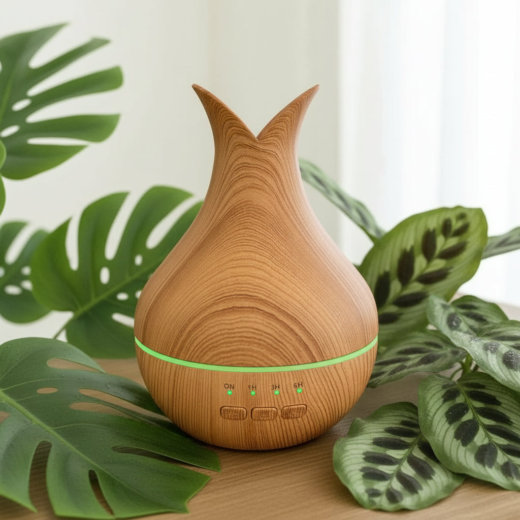 Wooden diffuser with LED lights on a wooden surface with exotic green plants