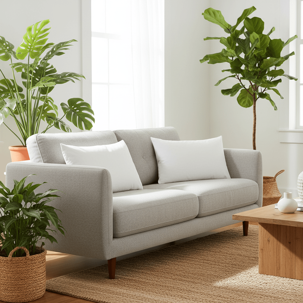 white recycled cushion inners on a Grey sofa in a living room with plants and a wooden coffee table.