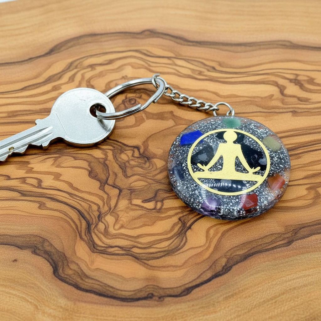 Keychain with a meditating figure design on a wooden surface