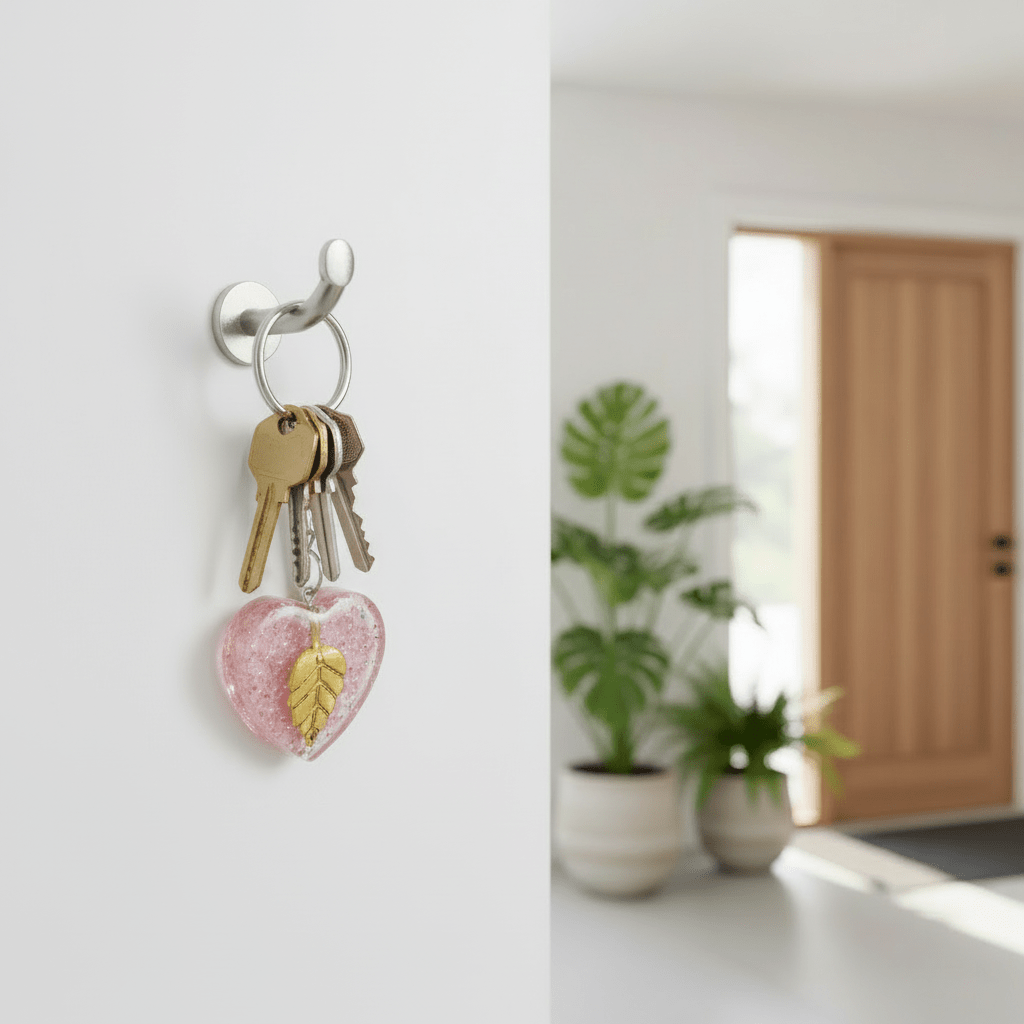 Keychain with a heart and leaf design hanging on a hook in a room with plants and a door.