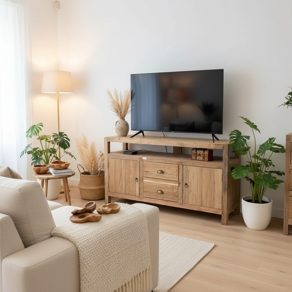 A light natural wood TV stand in a bright, modern living room setting, styled with a black flat-screen TV, pampas grass, a floor lamp, and houseplants.
