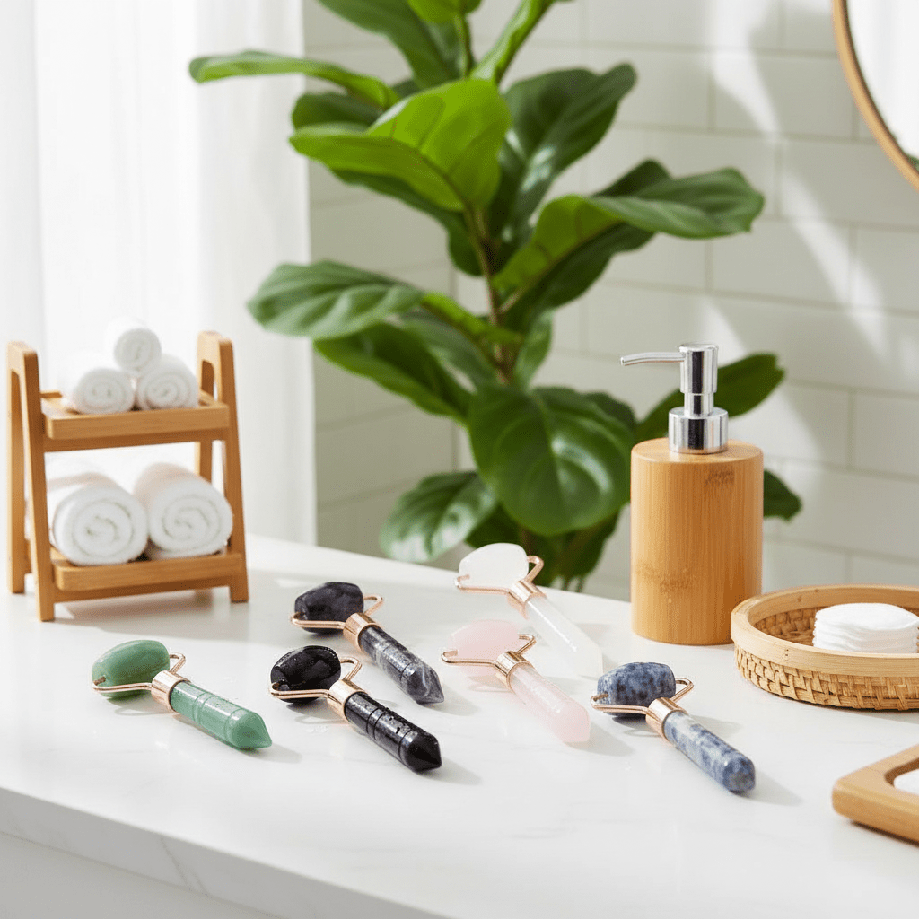 Gemstone face rollers, in a modern white bathroom, with bamboo wood, eco-friendly decor, and exotic green plants, professional product photography