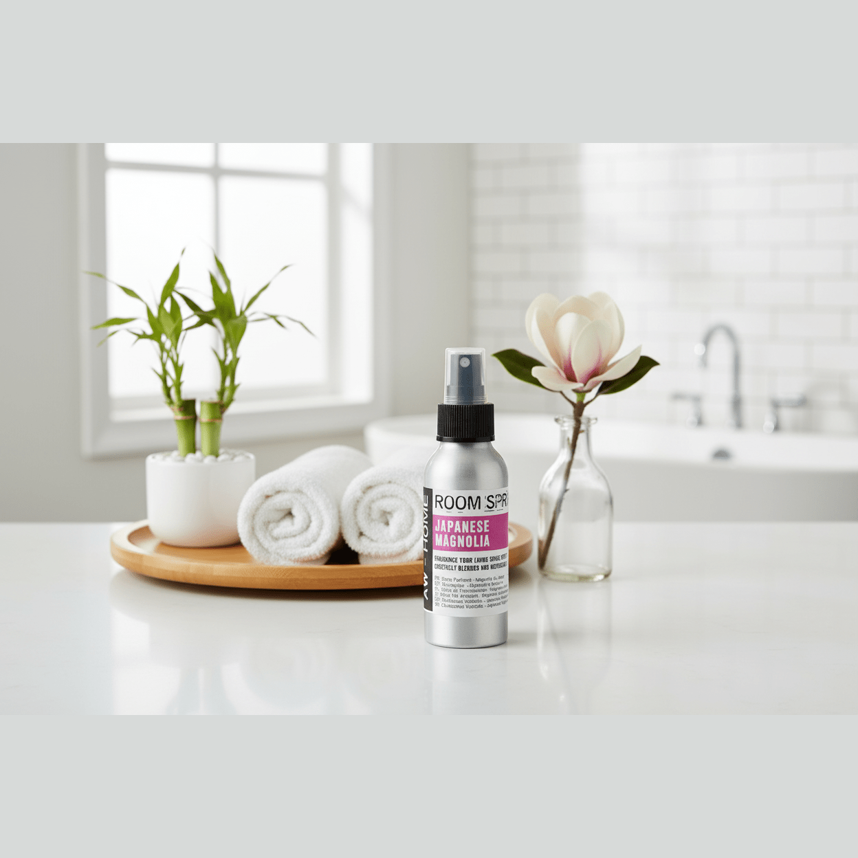 Room Sprays on a kitchen counter with towels and plants