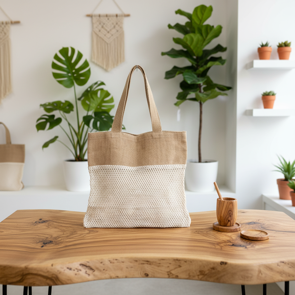 Tote bag on a wooden table with plants and decor in the background