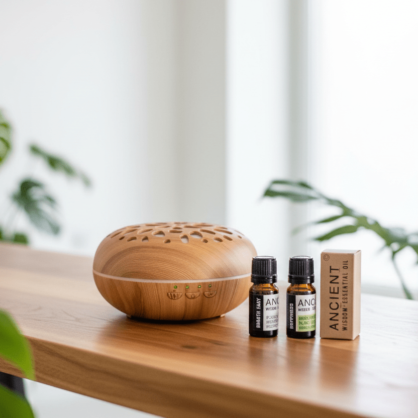 Wooden diffuser and essential oil bottles on a wooden surface with plants in the background