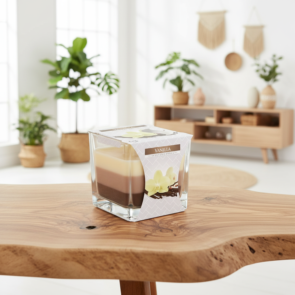 Vanilla-scented candle in a clear glass container on a wooden table with a blurred indoor background.