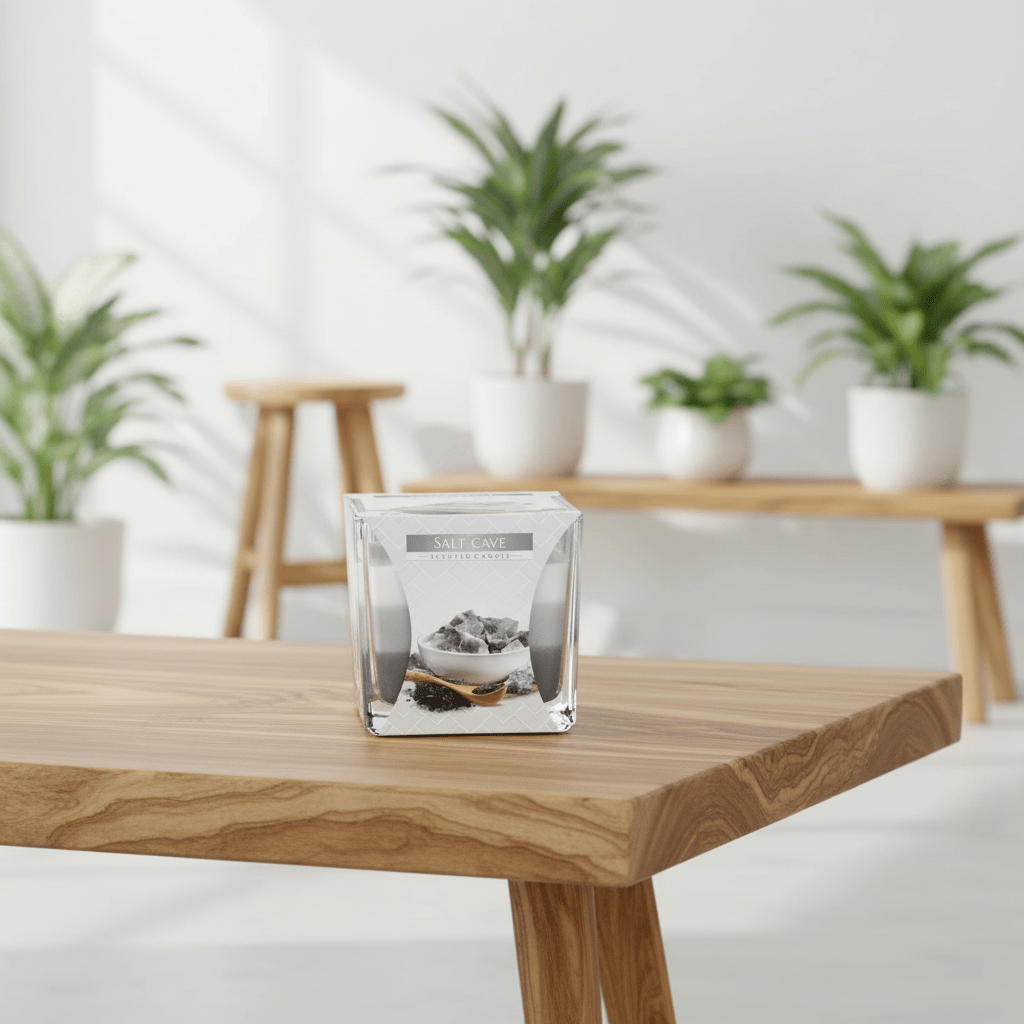 Glass paperweight with pebbles on a wooden table in a room with plants