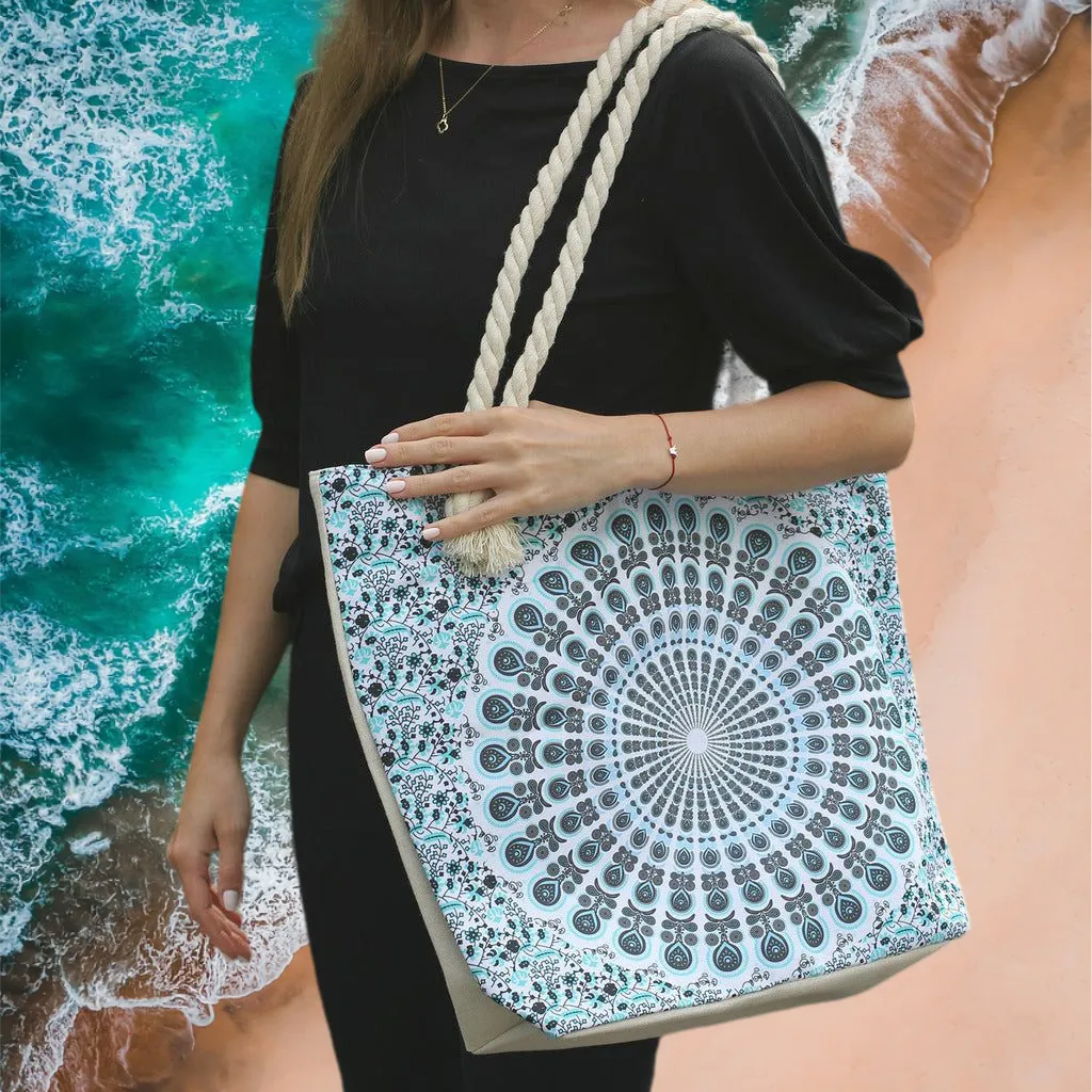 Ancient Wisdom Large Beach Bag - Rope Handled Mandela - Blue Shades Luggage & Bags > Shopping Totes > Shopper Bags > Beach Bags > Rope Handled Mandela Shopper Bag > Blue Beach Bags emmy-jane-boutique.myshopify.com