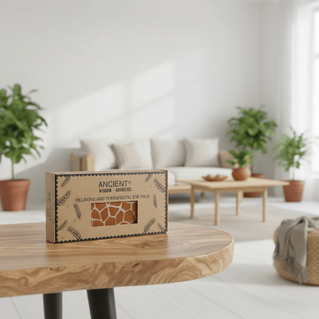 Ancient Wisdom gift boxed lavender eye pillow on a wooden table in a bright living room.