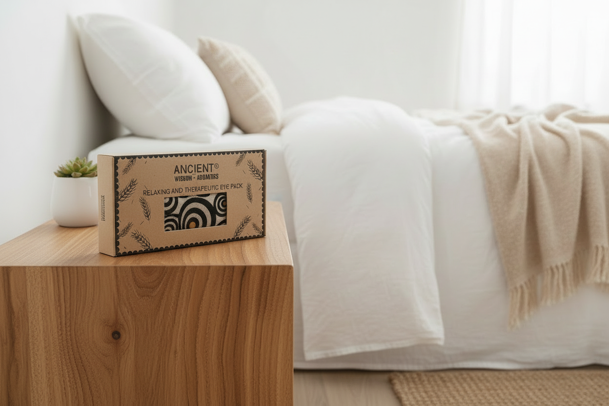 Ancient wisdom boxed lavender eye pillow on a wooden surface with a bed and pillows in the background
