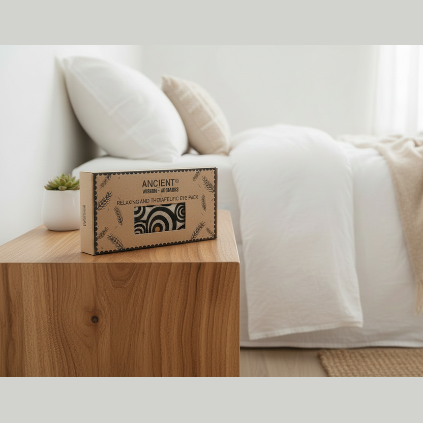 Ancient wisdom boxed lavender eye pillow on a wooden surface with a bed and pillows in the background