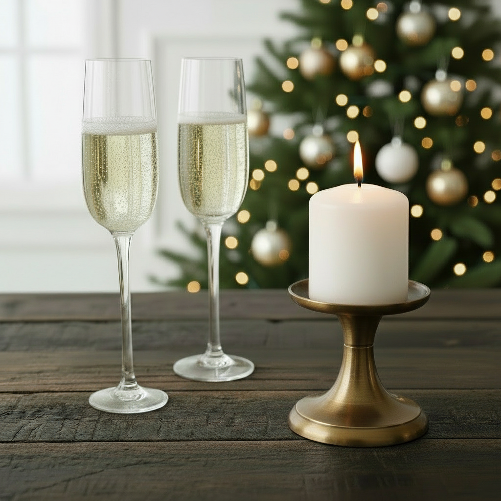 Two champagne flutes with a lit candle on a wooden table in front of a decorated Christmas tree.