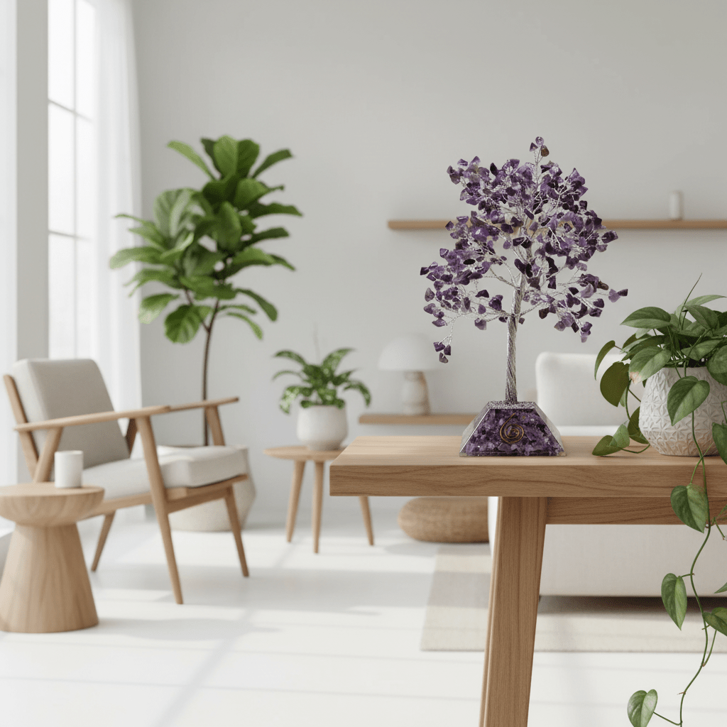 Modern living room with wooden furniture, a purple gemstone tree ornament and decorative plants