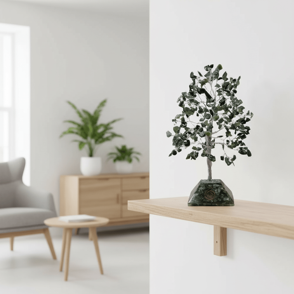 Decorative gemstone tree on a wooden table in a modern living room.