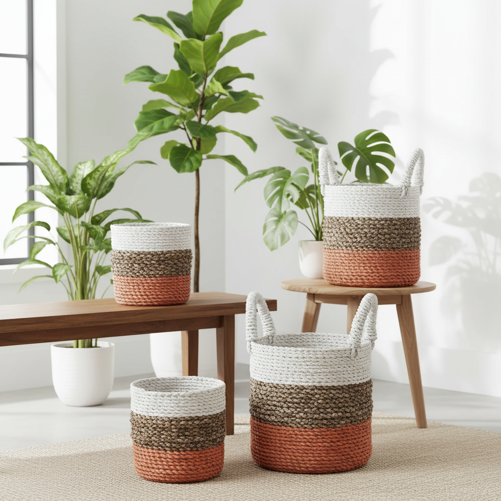 Woven baskets with a gradient design in a home setting with plants