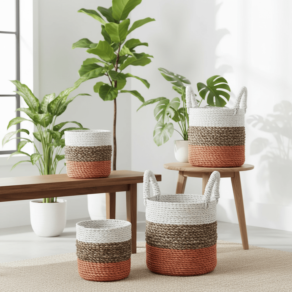 Woven baskets with a gradient design in a home setting with plants